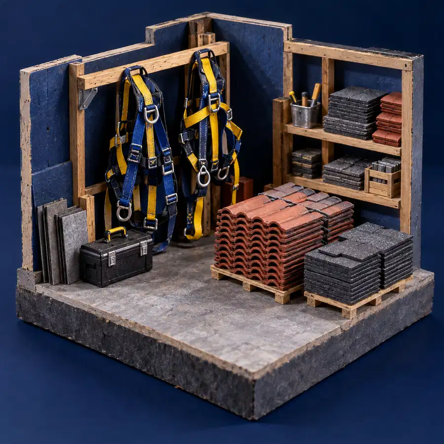 Illustration of roofing businesses equipment and workspace